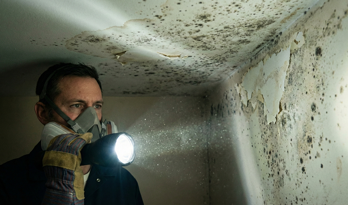 Mold remediation specialist inspecting a wall